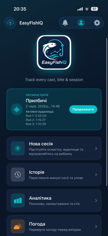 EasyFishIQ app home screen on iPhone showing session tracking and main features