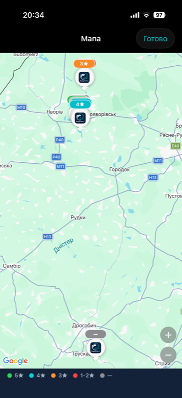 EasyFishIQ map with rated fishing spots and location pins
